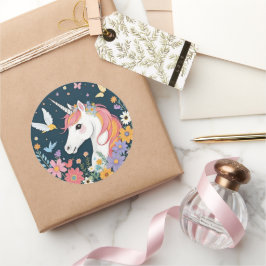 Unicorn with Flowers and Butterflies Runt Klistermärke