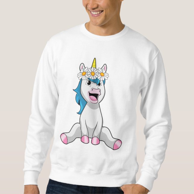Unicorn with Flowers Daisy Lång Ärmad Tröja (Framsida)