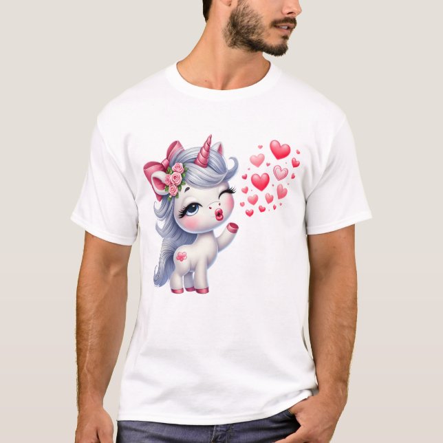Unicorn with Hearts – Kawaii Love Unicorn T Shirt (Framsida)
