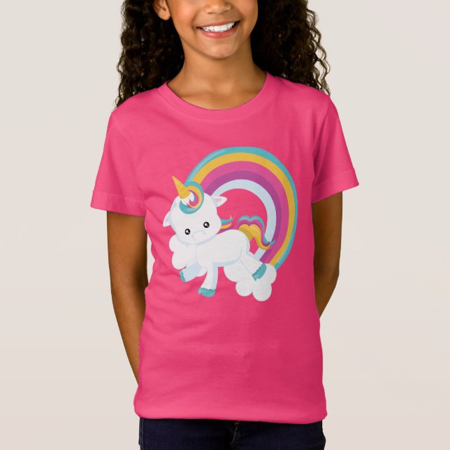 Unicorn with Rainbow Girl T-Shirt (Framsida)