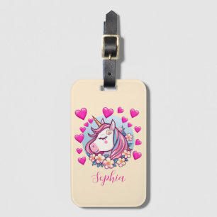 Unicorn with Rosa Hearts & Flowers, Namn, Creme Bagagebricka