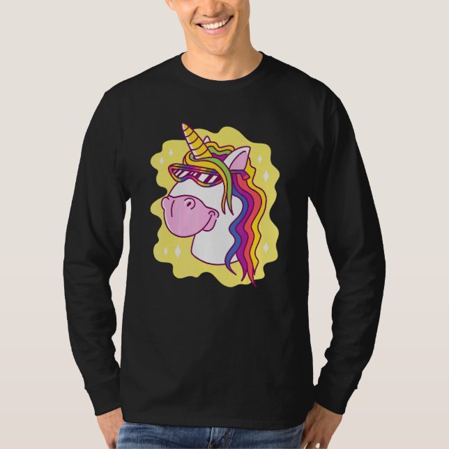 Unicorn with sunglass Rainbow Creature Lycklig Hor T Shirt (Framsida)