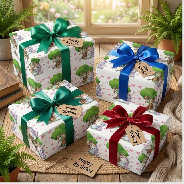Unicorn & Woodland Friends Wrapping Papper Cute Presentpapper (Skapare uppladdad)