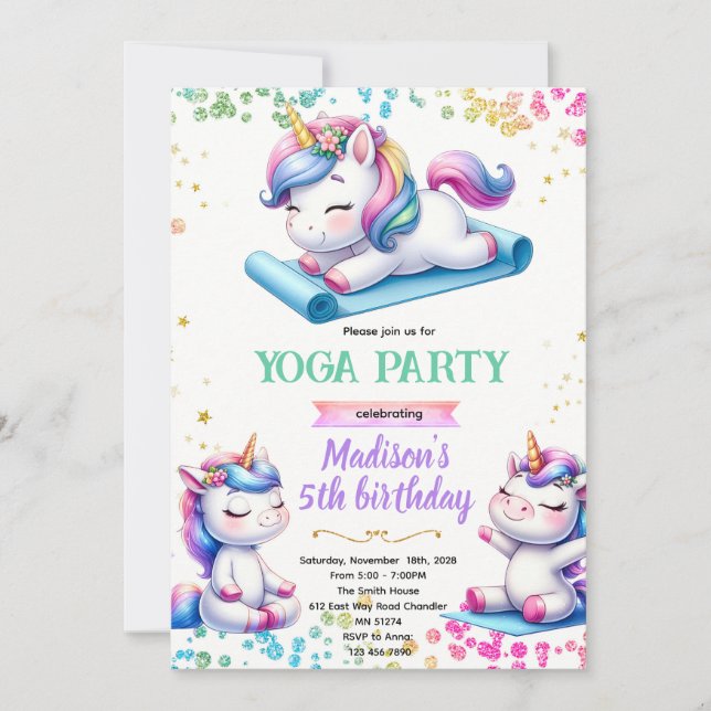 Unicorn yoga birthday party invitation inbjudningar (Framsida)