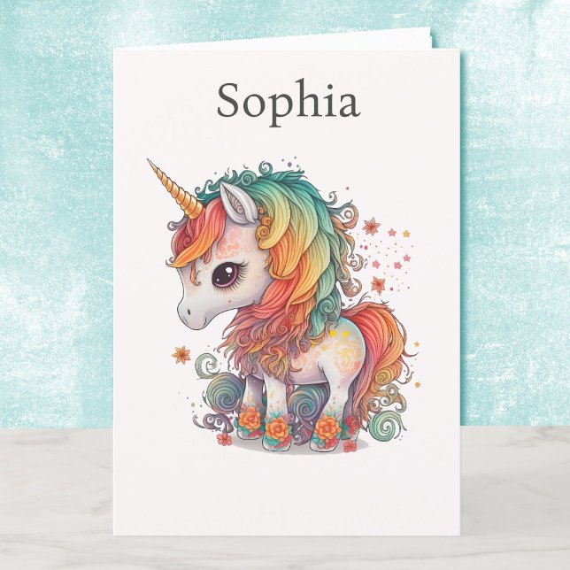 Unicorn Young Girls Birthday Card Personalize Namn Kort (Skapare uppladdad)