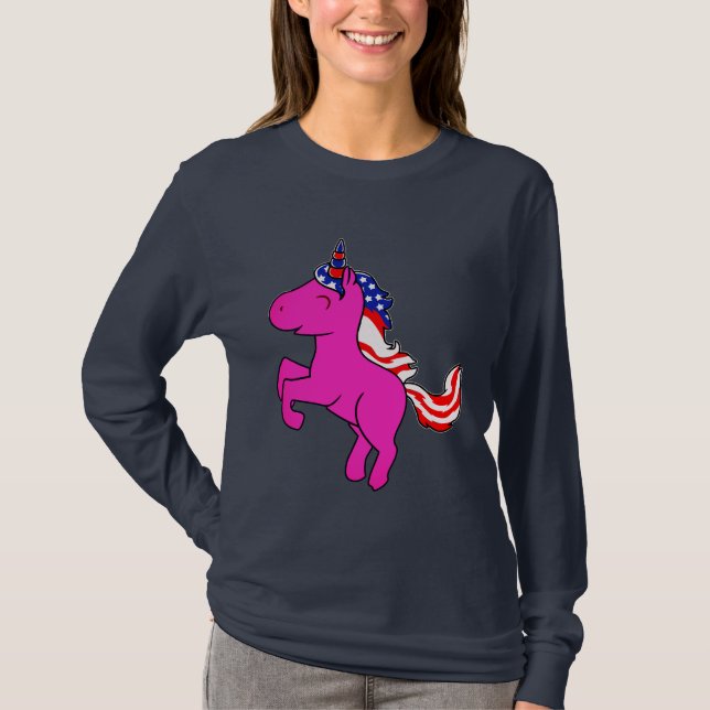 Unicorn Ypils Rosa Patriotic USA flagga Mane Art T Shirt (Framsida)