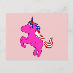 Unicorn Ypils Rosa Patriotic USA flagga Mane Art Vykort