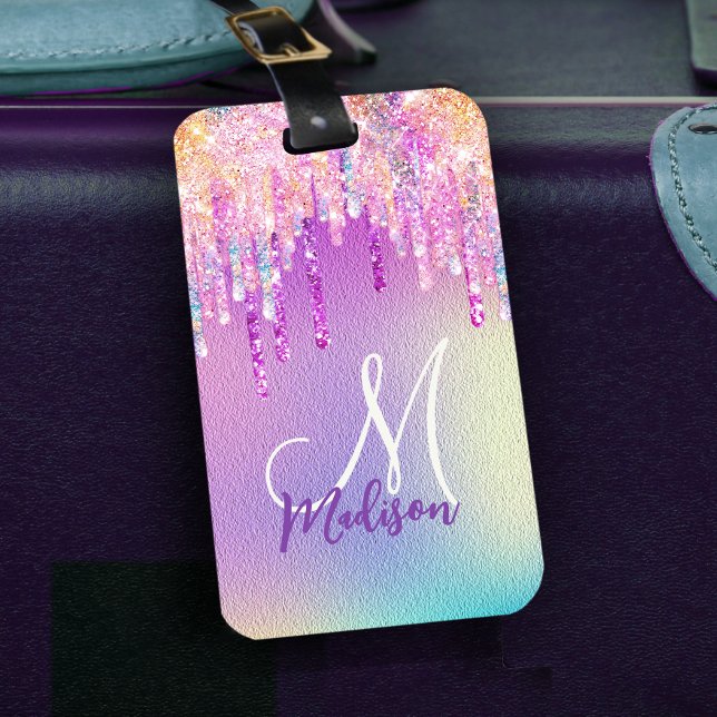Unicorndroppning i glitter monogram vid chic rosa  bagagebricka (Skapare uppladdad)