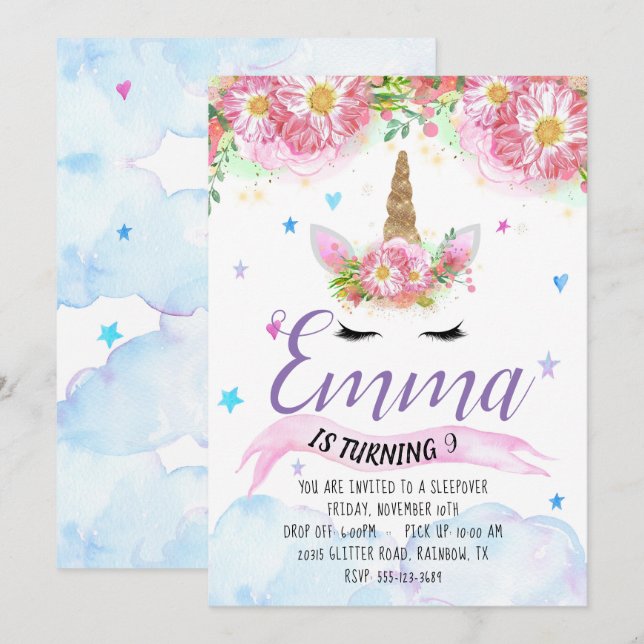 Unicornfödelsedaginbjudan Inbjudningar (Fram/baksida)