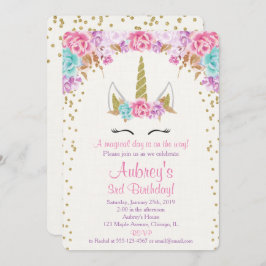 Unicornfödelsedaginbjudan, rosa purpurfärgat guld inbjudningar