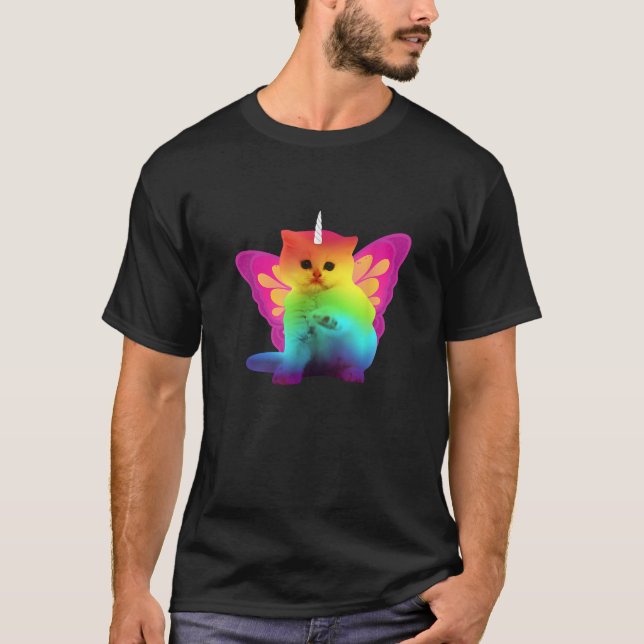 Unicornkatt med regnbåge, fjäril, Vingar, Manar Kv T Shirt (Framsida)