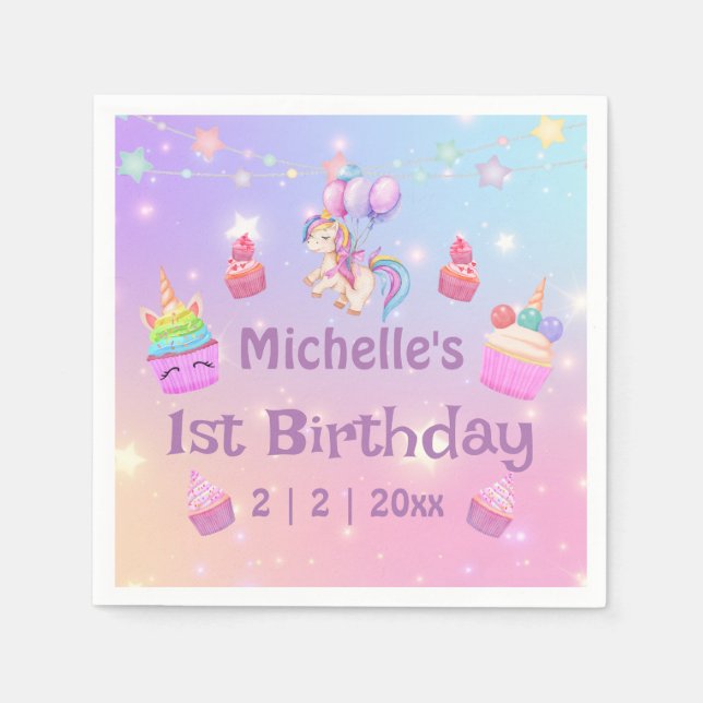 Unicorns 1:a födelsedag, muffinsar roligt pappersservett (Framsidan)
