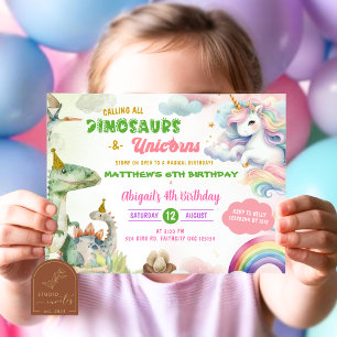Unicorns and Dinosaur Joint Birthday Inbjudningar