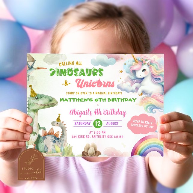 Unicorns and Dinosaur Joint Birthday Inbjudningar (Skapare uppladdad)