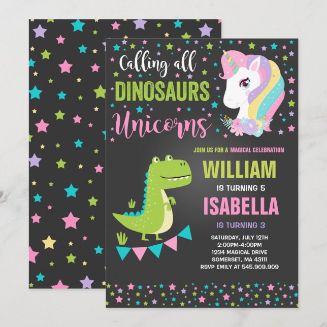 Unicorns and Dinosaurs födelsedagsinbjudan Magic Inbjudningar (Fram/baksida)