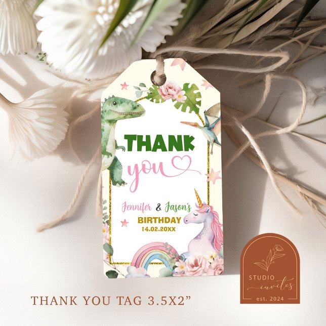 Unicorns and Dinosaurs Joint Syskon Gift Märkres Presentetikett (Skapare uppladdad)