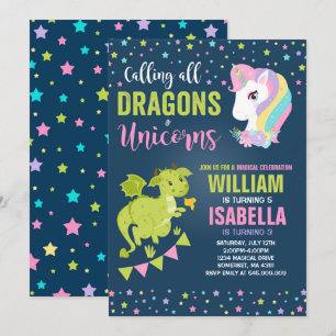 Unicorns and Dragons Birthday Investigation Magic Inbjudningar