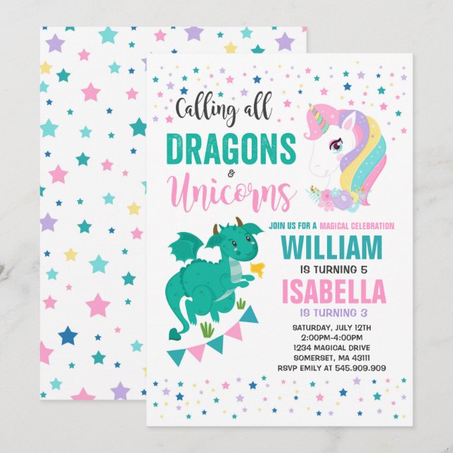 Unicorns and Dragons Birthday Investigation Magic Inbjudningar (Fram/baksida)
