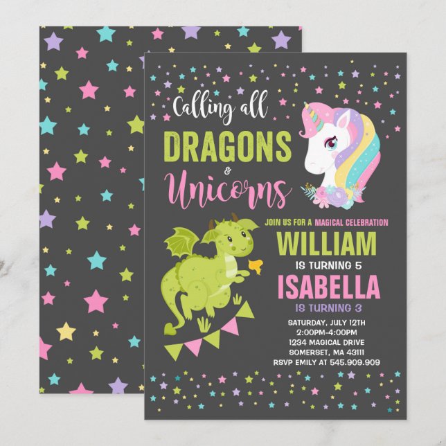 Unicorns and Dragons Birthday Investigation Magic Inbjudningar (Fram/baksida)