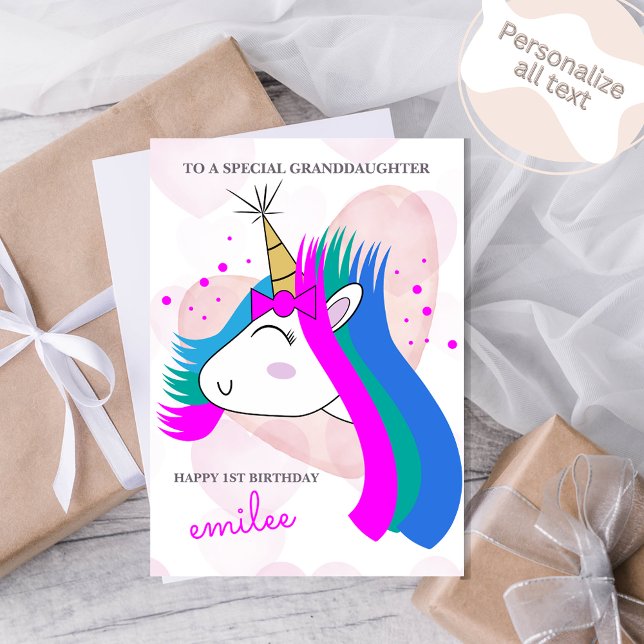 Unicorns and Rosa Hearts Birthday Kort (Skapare uppladdad)