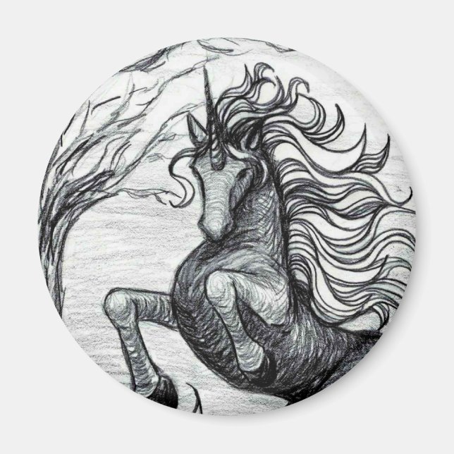 Unicorns Black Unicorn Black & White Teckning Magnet (Framsidan)