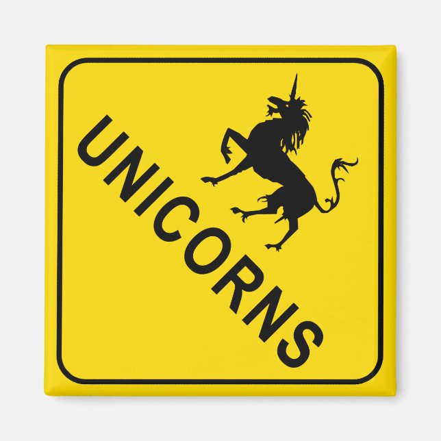Unicorns Crossing Warning Sign Square Magnet (Framsidan)