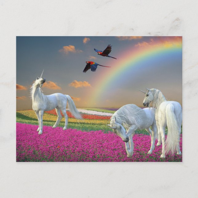 Unicorns Fantasy Rainbow Flower liggande Vykort (Framsida)