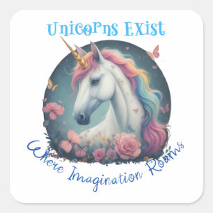 Unicorns finns på etiketten fyrkantigt klistermärke