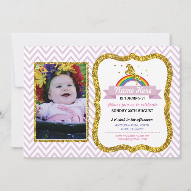 Unicorns födelsedag Foto Party Inbjudan Guld glitt (Framsida)