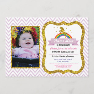 Unicorns födelsedag Foto Party Inbjudan Guld glitt