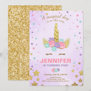 Unicorns födelsedagsinbjudan Lila Guld Magic Inbjudningar