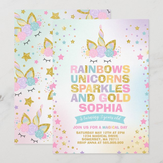 Unicorns födelsedagsinbjudan Magic Unicorn Party Inbjudningar (Fram/baksida)