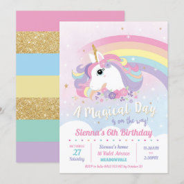 Unicorns födelsedagsinbjudan Rainbow Girl Inbjudningar