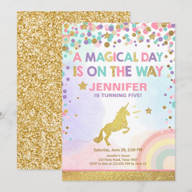 Unicorns födelsedagsinbjudan Rosa Guld Magic Inbjudningar (Fram/baksida)