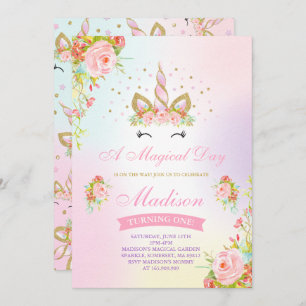 Unicorns födelsedagsinbjudan Rosa Guld Unicorn Inbjudningar