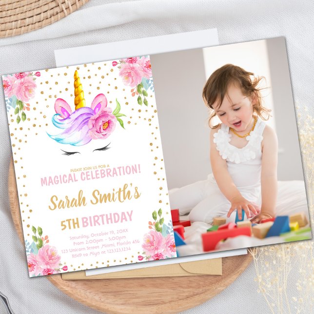 Unicorns födelsedagsinbjudningar med foto inbjudningar (Unicorn birthday birthday invitations with photo)