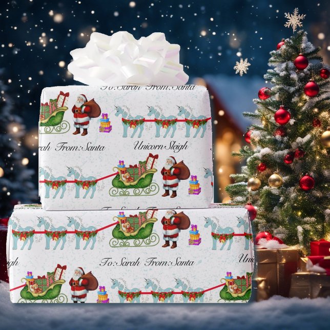 Unicorns Hitched to Santa's Sleigh Add Namn Presentpapper (Skapare uppladdad)