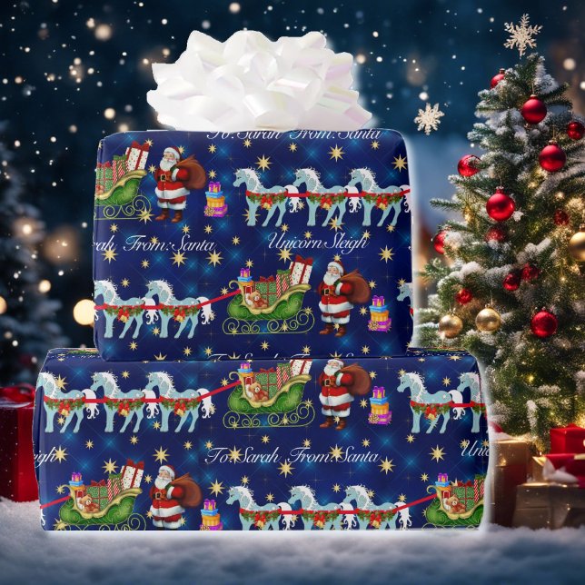 Unicorns Hitched to Santa's Sleigh Add Namn Presentpapper (Skapare uppladdad)