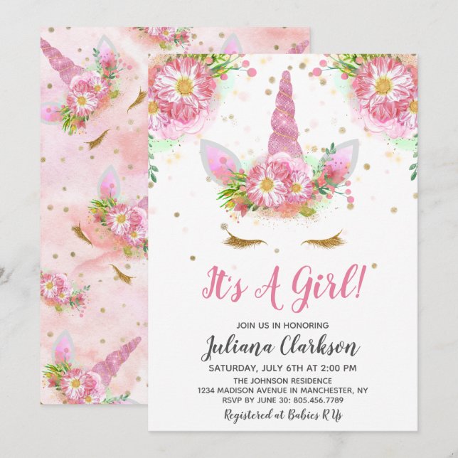 Unicorns in Bloom Baby Shower Inbjudningar (Fram/baksida)