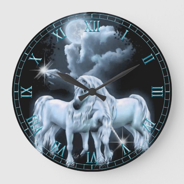 Unicorns in Moonlight Wall Clock Stor Klocka (Framsida)
