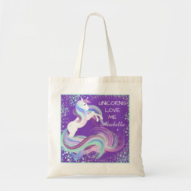 "Unicorns Kärlek Me" Glittery Stars Tote Bag Lila Tygkasse (Framsidan)