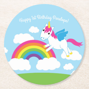 Unicorns & Rainbows Födelsedagsfest Cute Underlägg Papper Rund