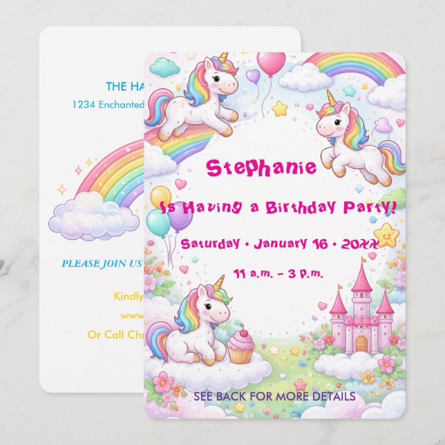 Unicorns & Rainbows Pastel Childs Birthday Inbjudningar (Fram/baksida)