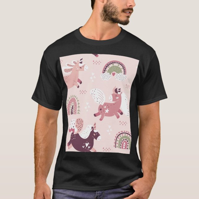 Unicorns Rainbows: Pastel Magic Background. T Shirt (Framsida)