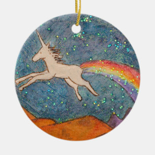 Unicorns regnbåge i himlar julgransprydnad keramik