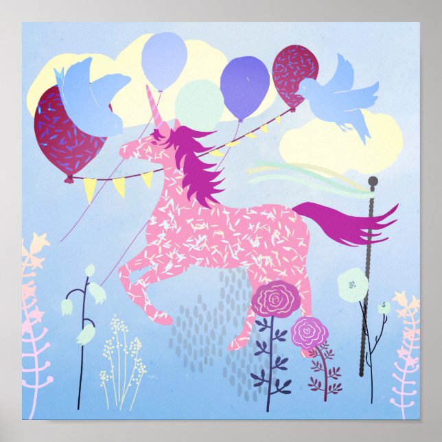 Unicorns utskrivbara födelsedagsfest poster (Framsidan)