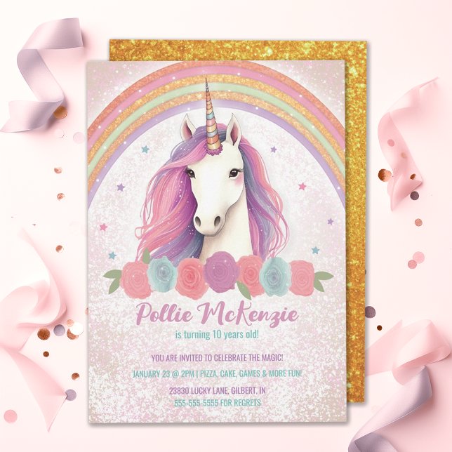 Uniformer Rosa Unicorn, Ro, Rainbow Födelsedagsfes Inbjudningar (Skapare uppladdad)