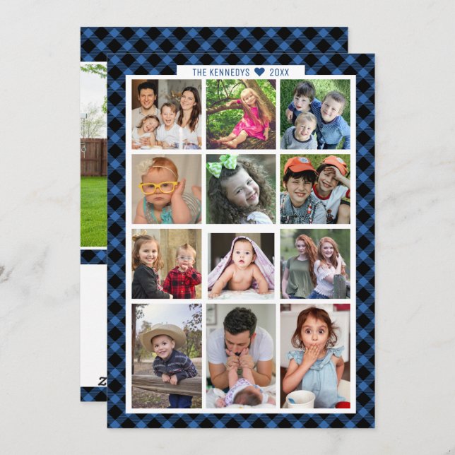 Unik 13-foto familjeårsöversikt Blå Plaid Julkort (Fram/baksida)