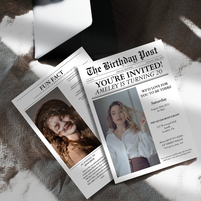 Unik 20:e Födelsedagsfestens nyhetsbladets täckfot Inbjudningar (Skapare uppladdad)
