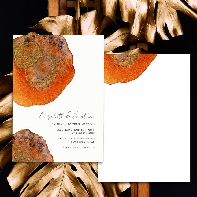 Unik Abstrakt Akvarell Bränd Orange Bröllop Inbjudningar (Front/Back)